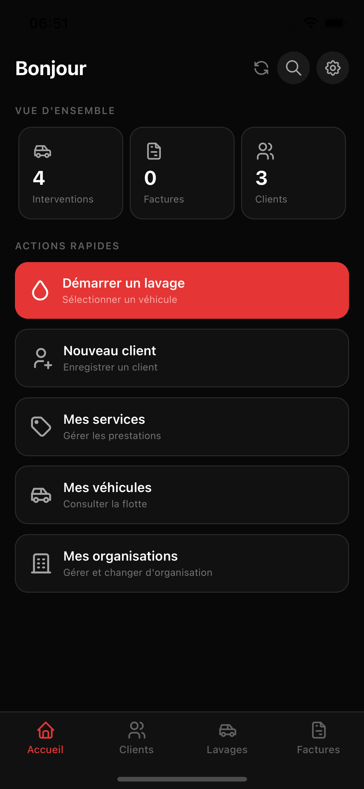 Aperçu du tableau de bord Washln sur iPhone